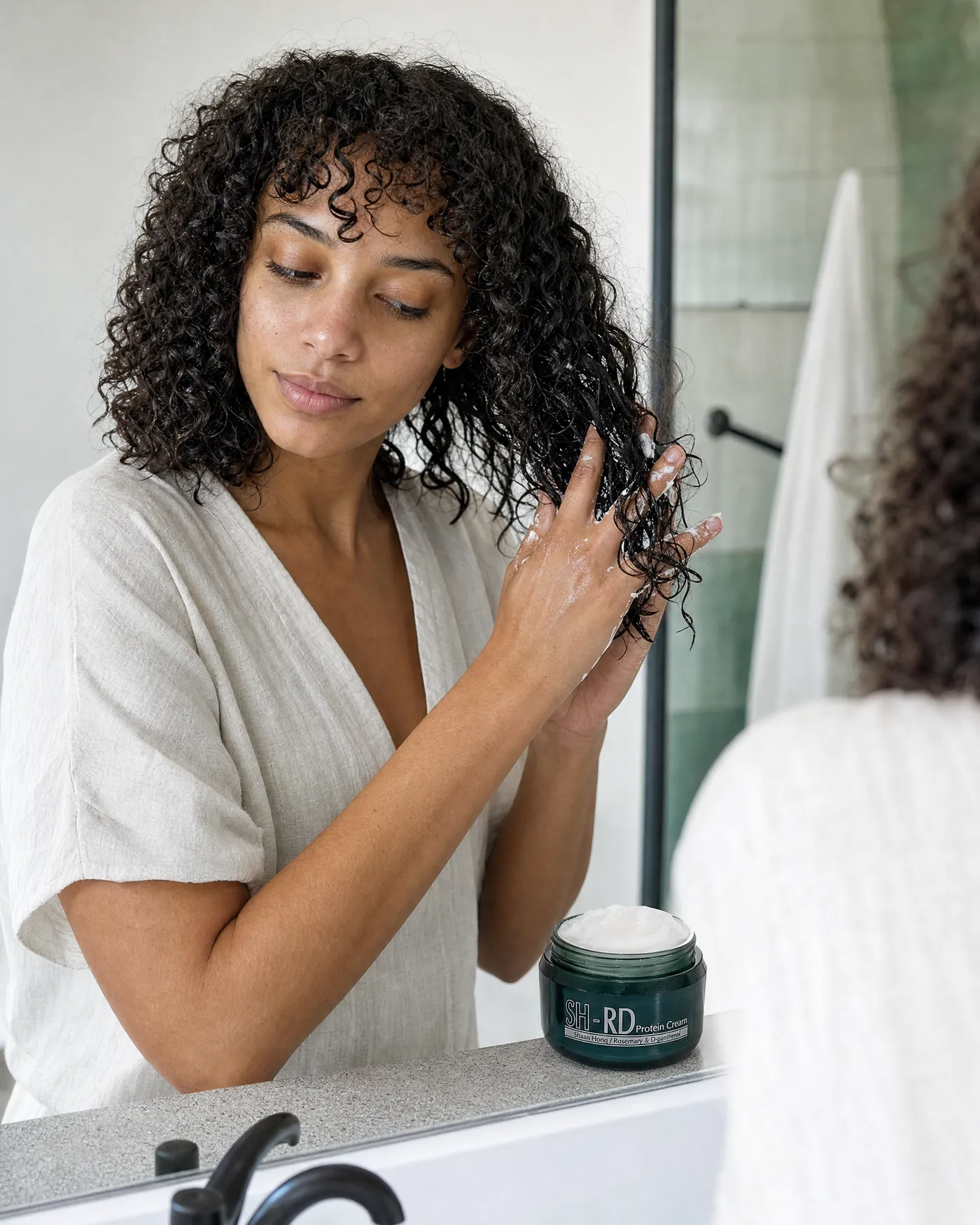 A woman with natural curls scrunches a little cream into damp hair at a bathroom mirror