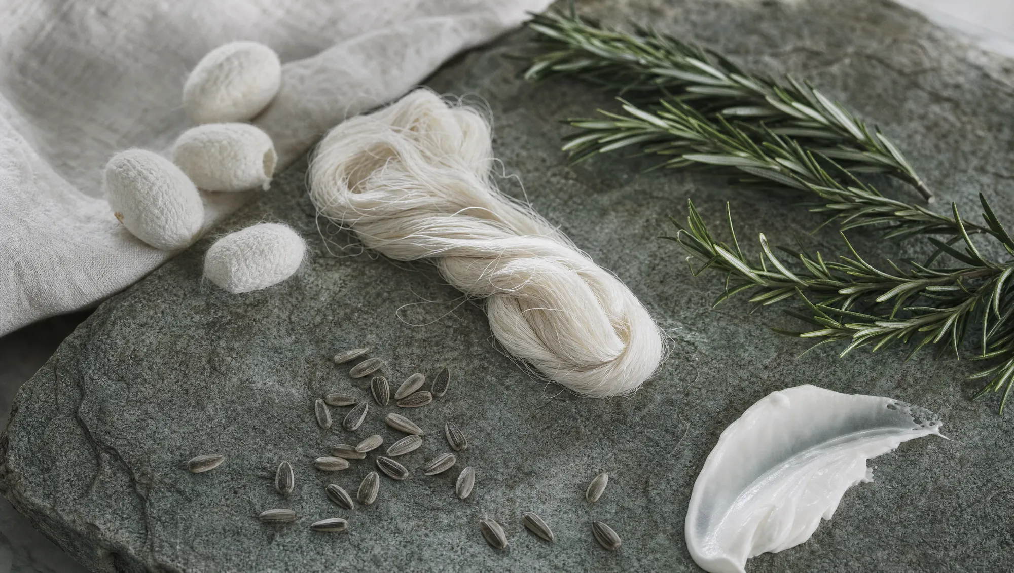 Silk cocoons, raw silk thread, rosemary sprigs, sunflower seeds and a swipe of white cream on grey stone