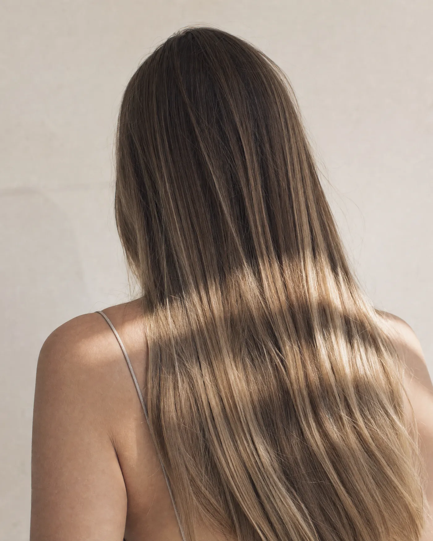 Long, smooth, freshly styled hair with soft blonde highlights catching the light